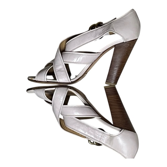 CHLOE Neutral Strappy Heels with Gold Hardware - Picture 1 of 9